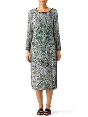 Calypso St. Barth Emerald Paisley Beaded Silk Tunic Midi Dress